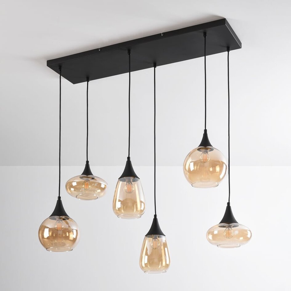 Zwarte hanglamp Loic met amber glas, 6-lichts