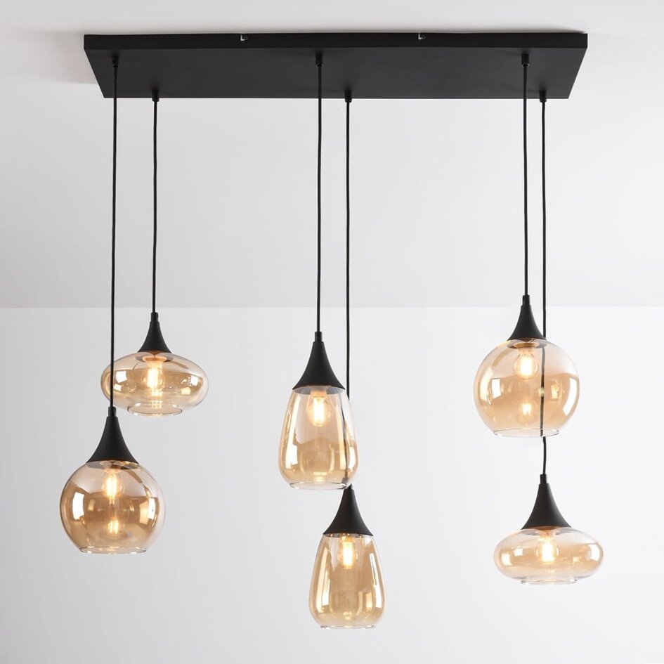 Suspension noire avec verre ambré, 6 lumières - Loic