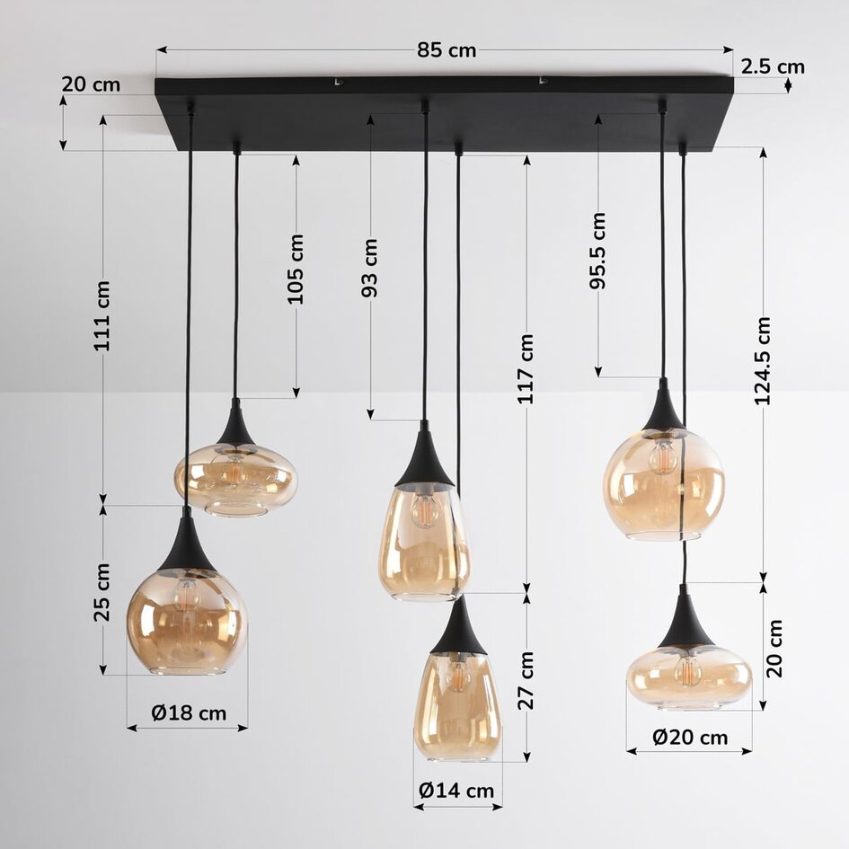 Suspension noire avec verre ambré, 6 lumières - Loic