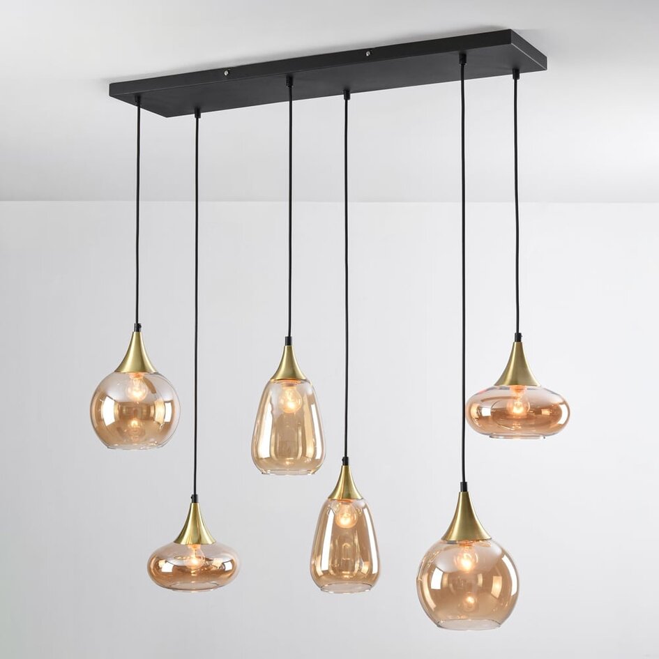 Lampe suspendue or avec verre ambré, 6 lumières - Loic