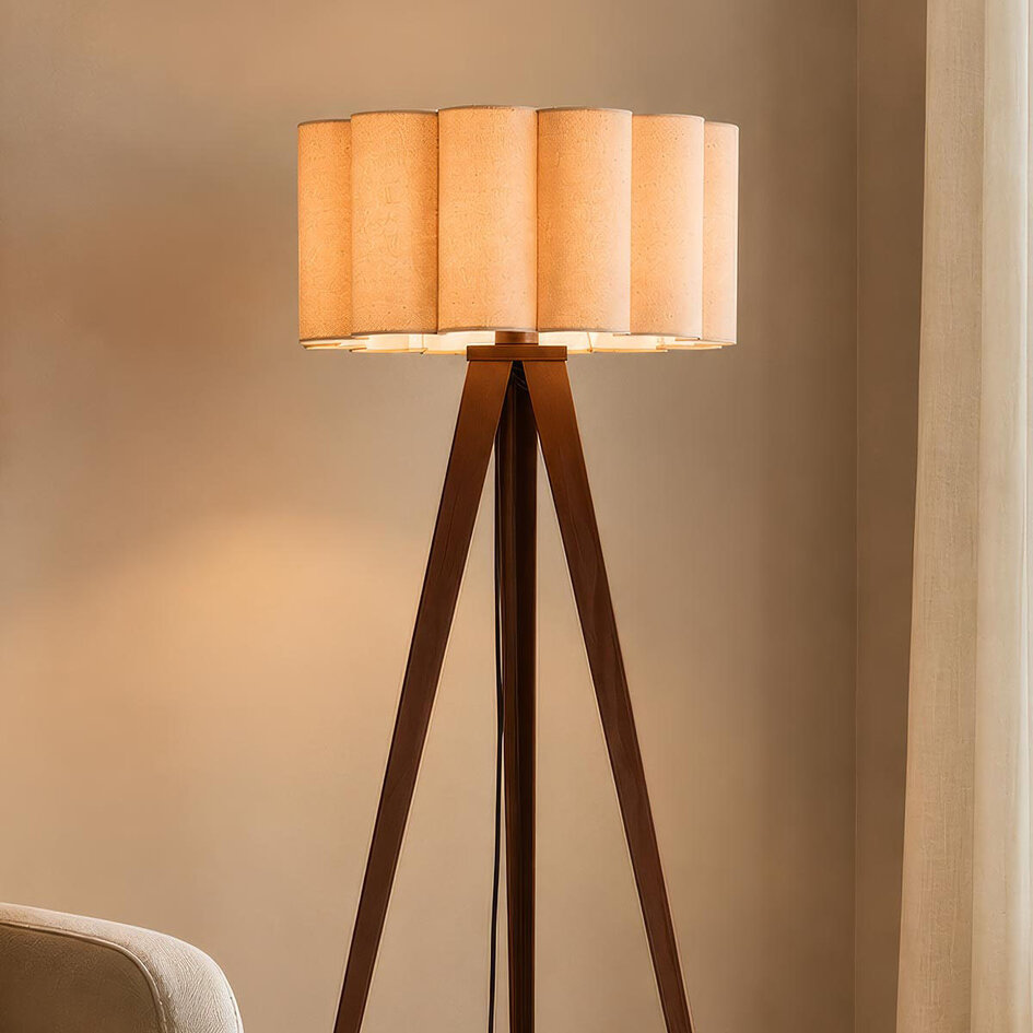 Lampadaire Florien avec abat-jour en lin plissé et trépied métallique - marron