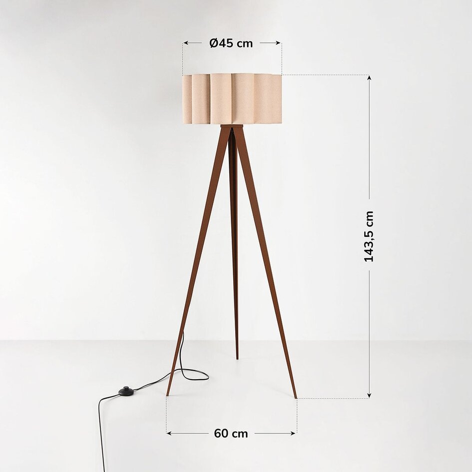 Lampadaire Florien avec abat-jour en lin plissé et trépied métallique - marron