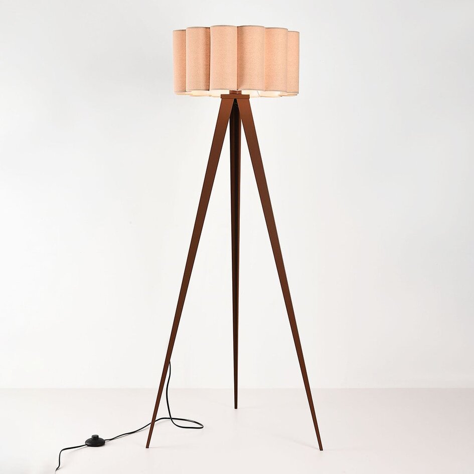 Lampadaire Florien avec abat-jour en lin plissé et trépied métallique - marron