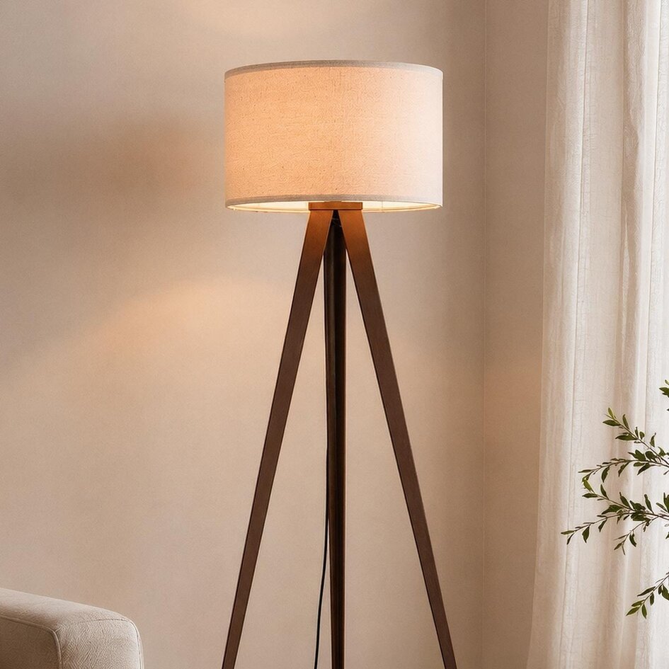 Lampadaire Saskia avec abat-jour en lin et trépied en métal - marron