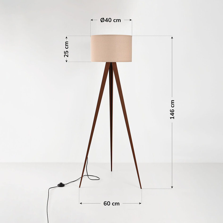 Lampadaire Saskia avec abat-jour en lin et trépied en métal - marron