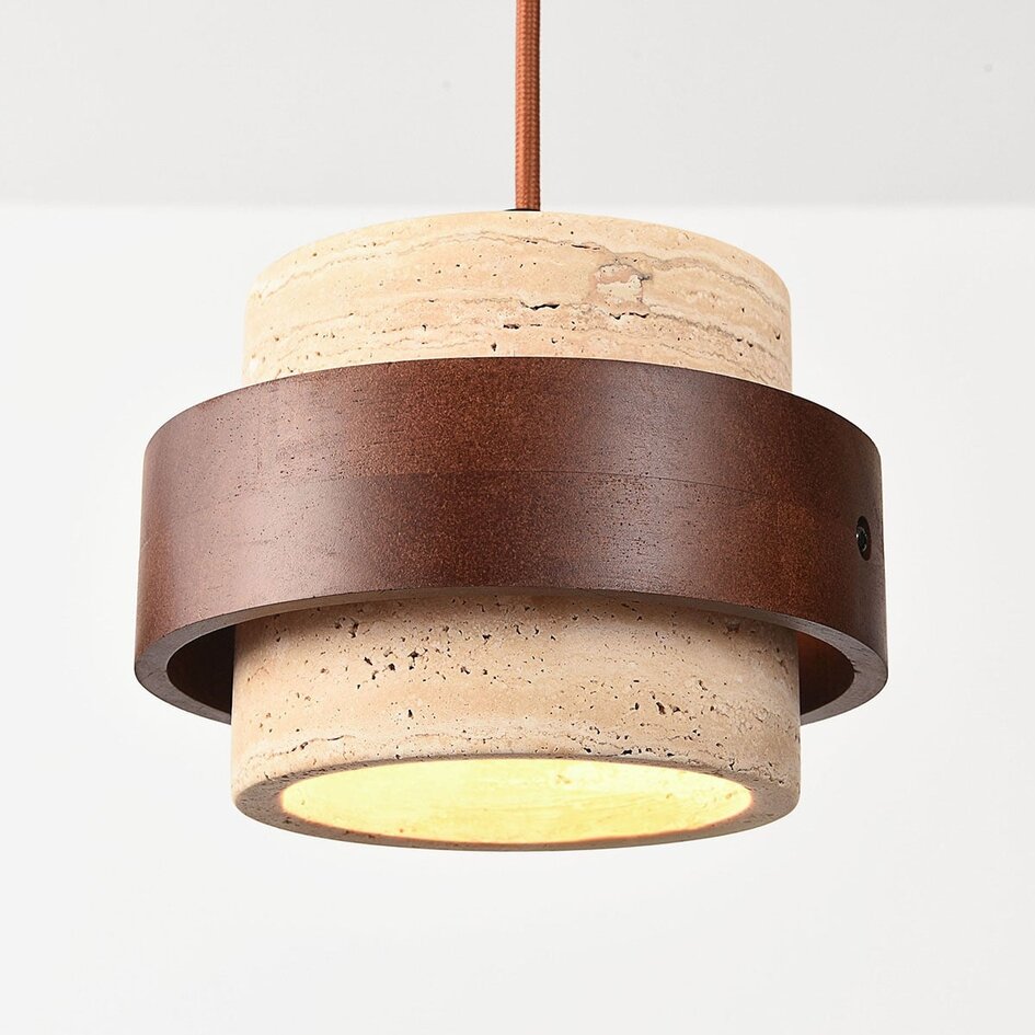 Suspension à 4 lumières Travé en travertin (pierre naturelle) et bois