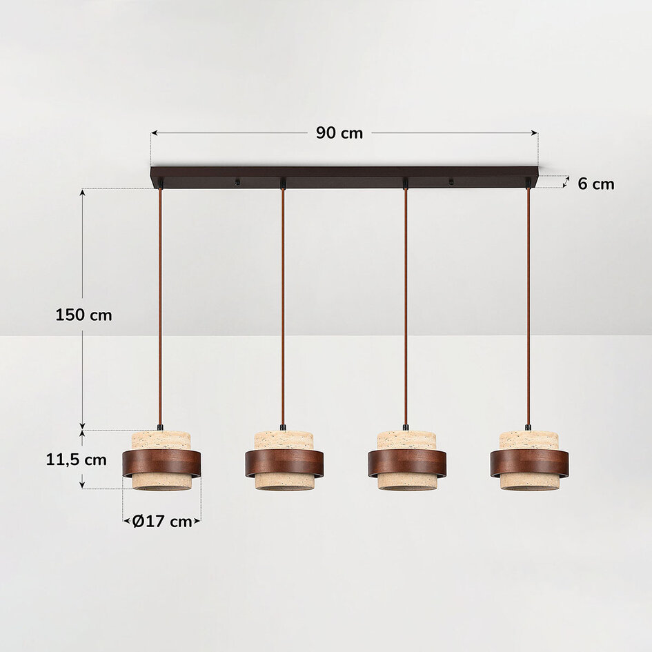 Suspension à 4 lumières Travé en travertin (pierre naturelle) et bois