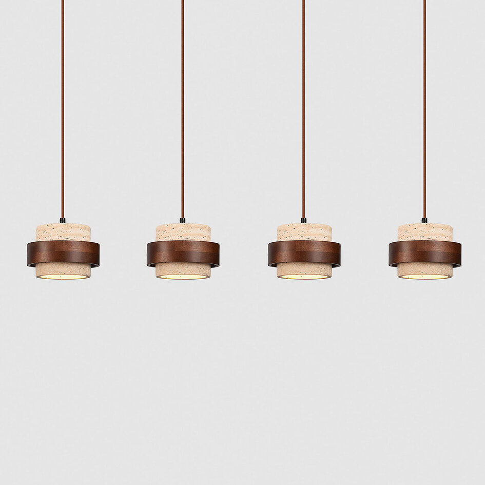 Suspension à 4 lumières Travé en travertin (pierre naturelle) et bois
