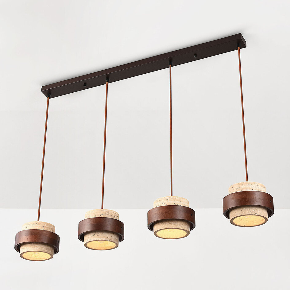 Suspension à 4 lumières Travé en travertin (pierre naturelle) et bois