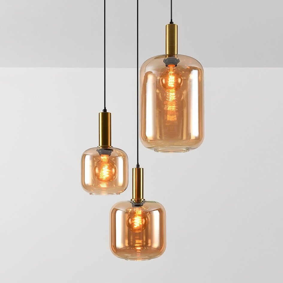 Suspension 3 lumières Pendu or avec verre ambré
