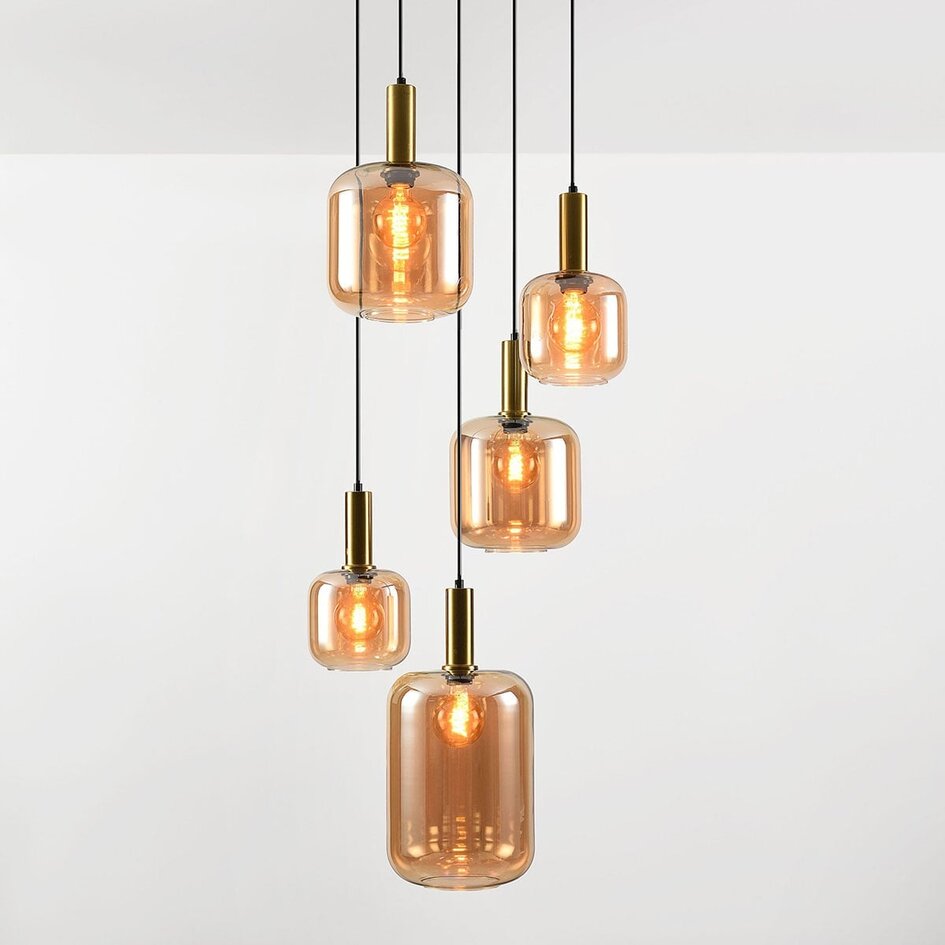 Suspension 5 lumières Cinque or avec verre ambré