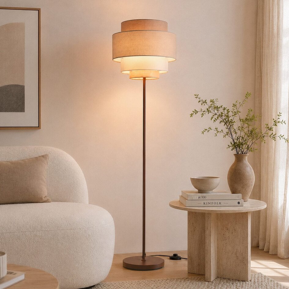Lampadaire Zhuo avec abat-jour en lin superposé - marron