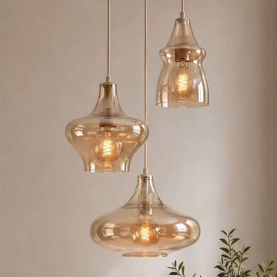 Suspension 3 lumières Trinidad avec verre ambré - beige