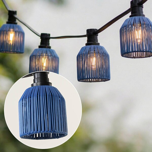 Prikkabel set inclusief kappen in donkerblauwe rotanlook, verkrijgbaar met verschillende LED lampen
