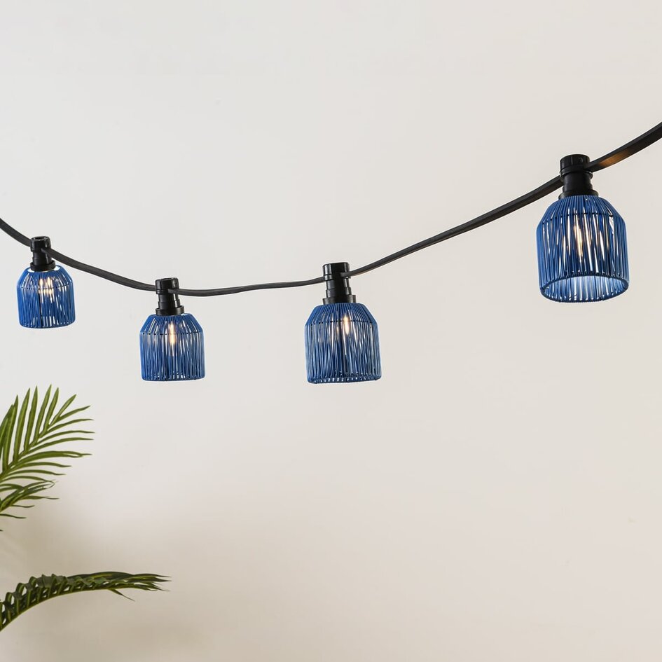 Prikkabel set inclusief kappen in donkerblauwe rotanlook, verkrijgbaar met verschillende LED lampen