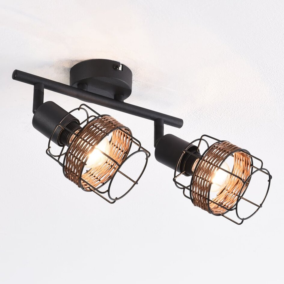 Plafonnier Harun en rotin et métal noir, 2 lumières