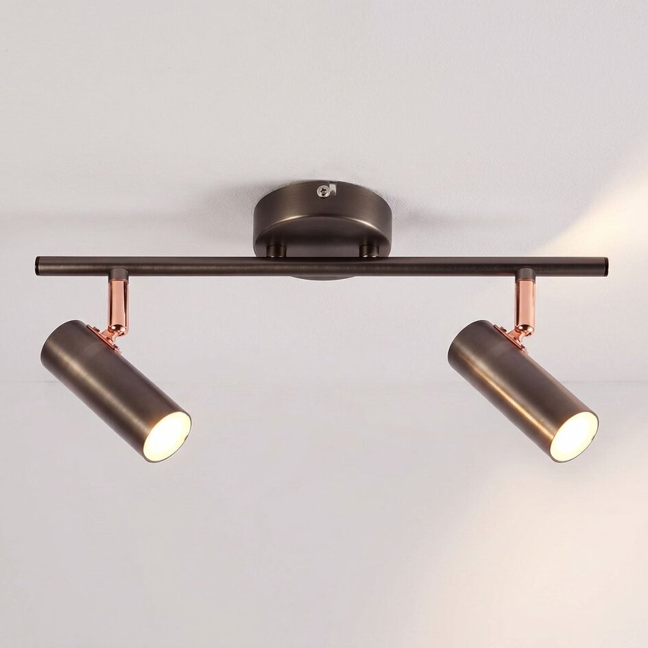 Plafonnier barre argent antique 2 spots LED - Auburn