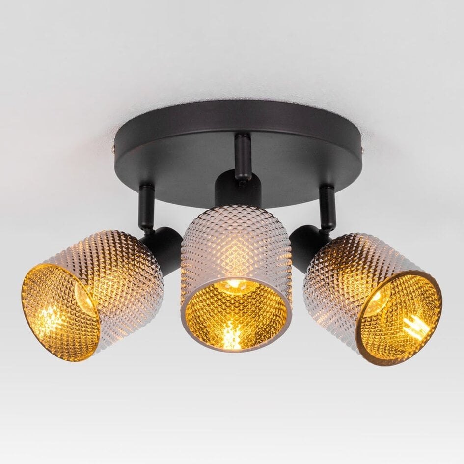 Plafonnier 3 lumières Jersey noir mat en verre fumé gris
