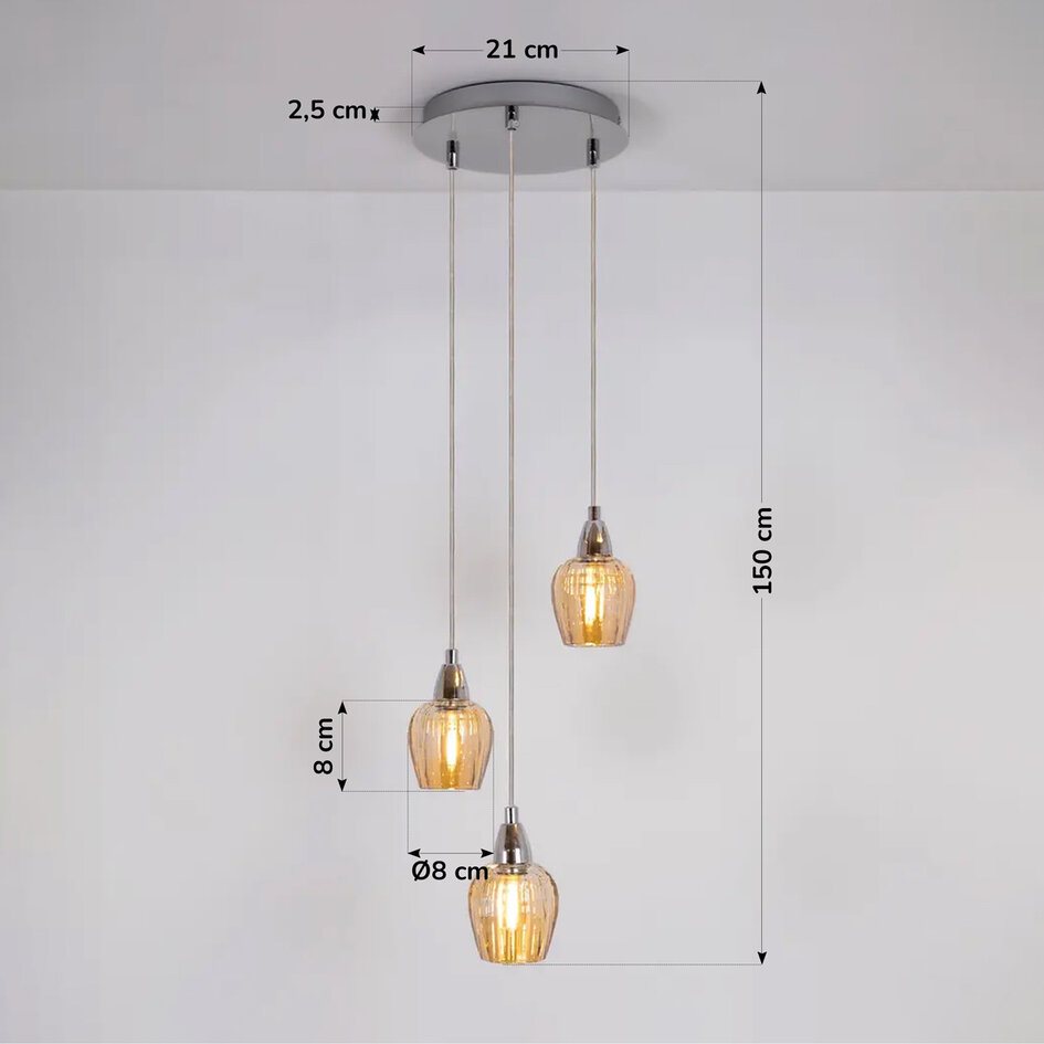 Suspension industrielle chromée avec verre ambré, 3 lumières - Vanity