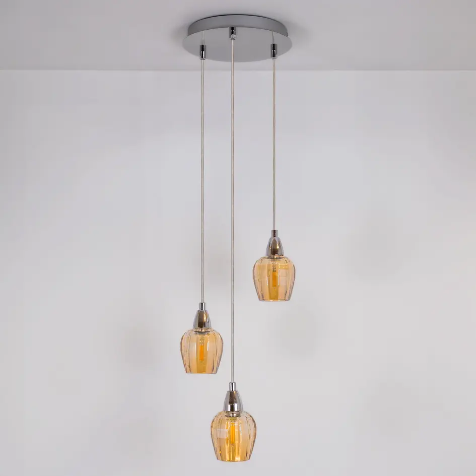 Suspension industrielle chromée avec verre ambré, 3 lumières - Vanity