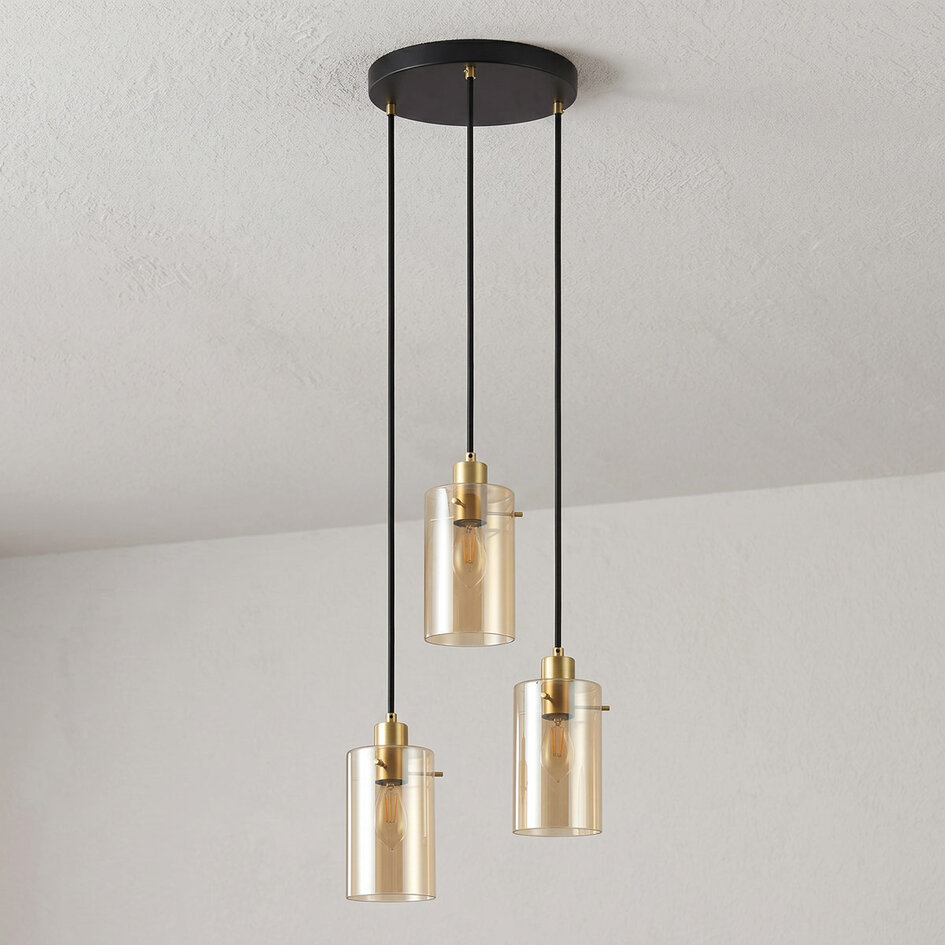 Suspension moderne noire mate et or sable avec verre ambré 3 lumières - Arlington