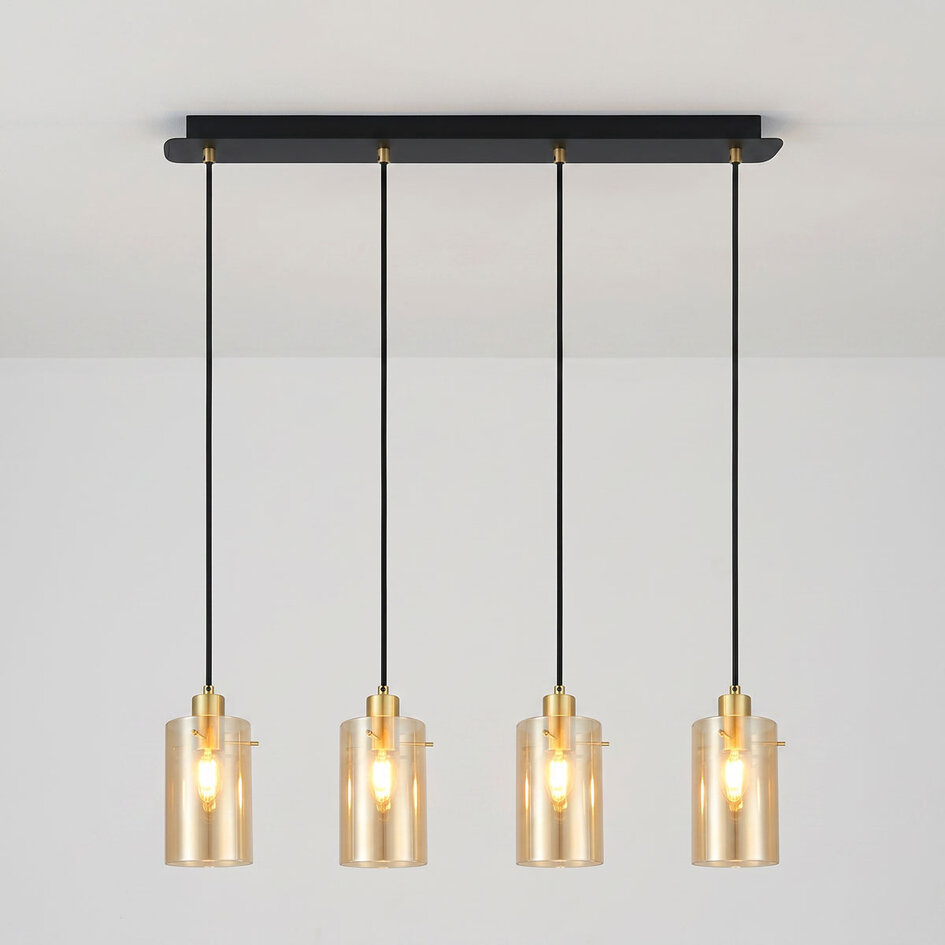 Suspension industrielle noir mat et or sable avec verre ambré 4 lumières - Tuscon