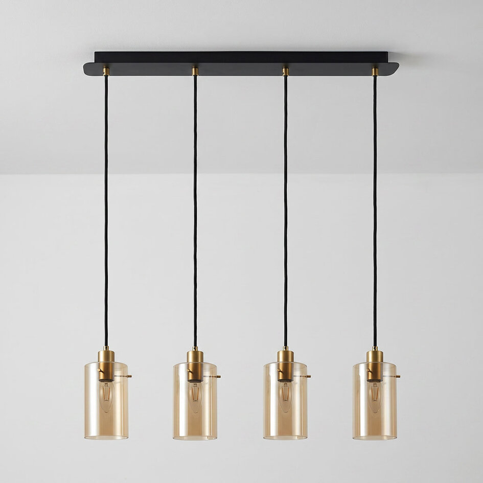 Suspension industrielle noir mat et or sable avec verre ambré 4 lumières - Tuscon