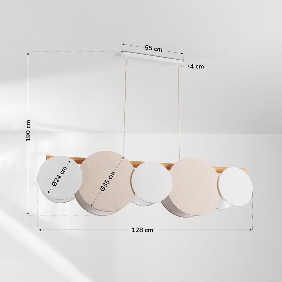 Suspension à 5 lumières Zenner – lin naturel avec accents bois et blancs