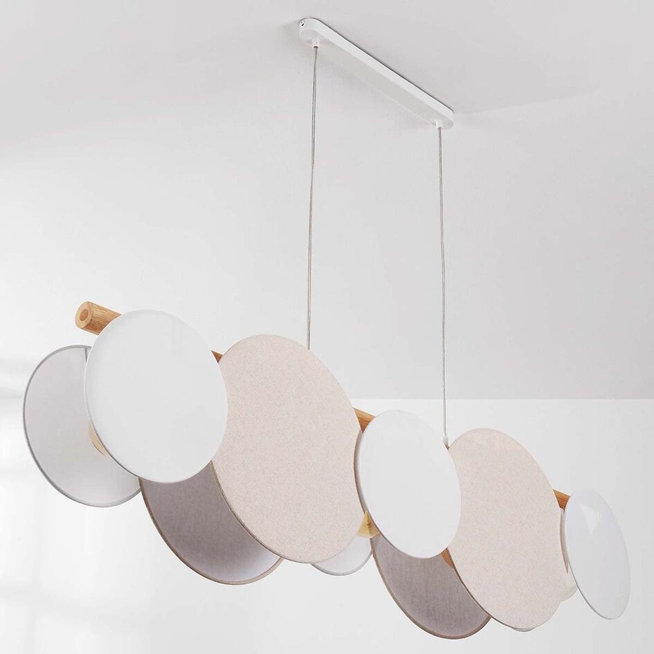 Suspension à 5 lumières Zenner – lin naturel avec accents bois et blancs