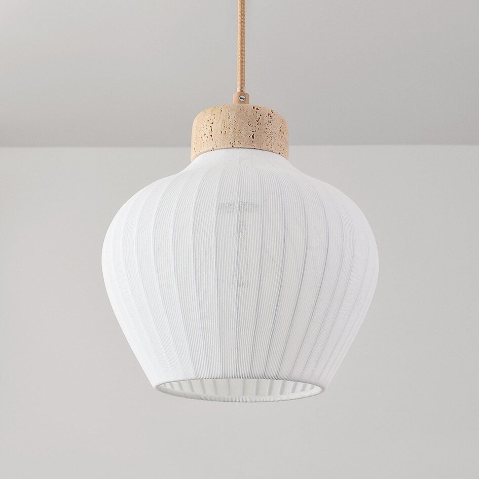 Suspension 3 lumières Carru avec abat-jours en tissu et travertin (pierre naturelle)