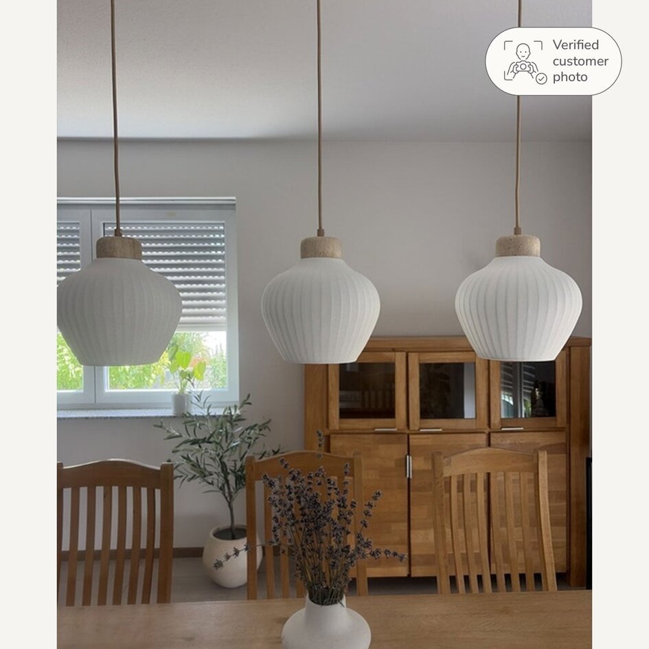 Suspension 3 lumières Carru avec abat-jours en tissu et travertin (pierre naturelle)