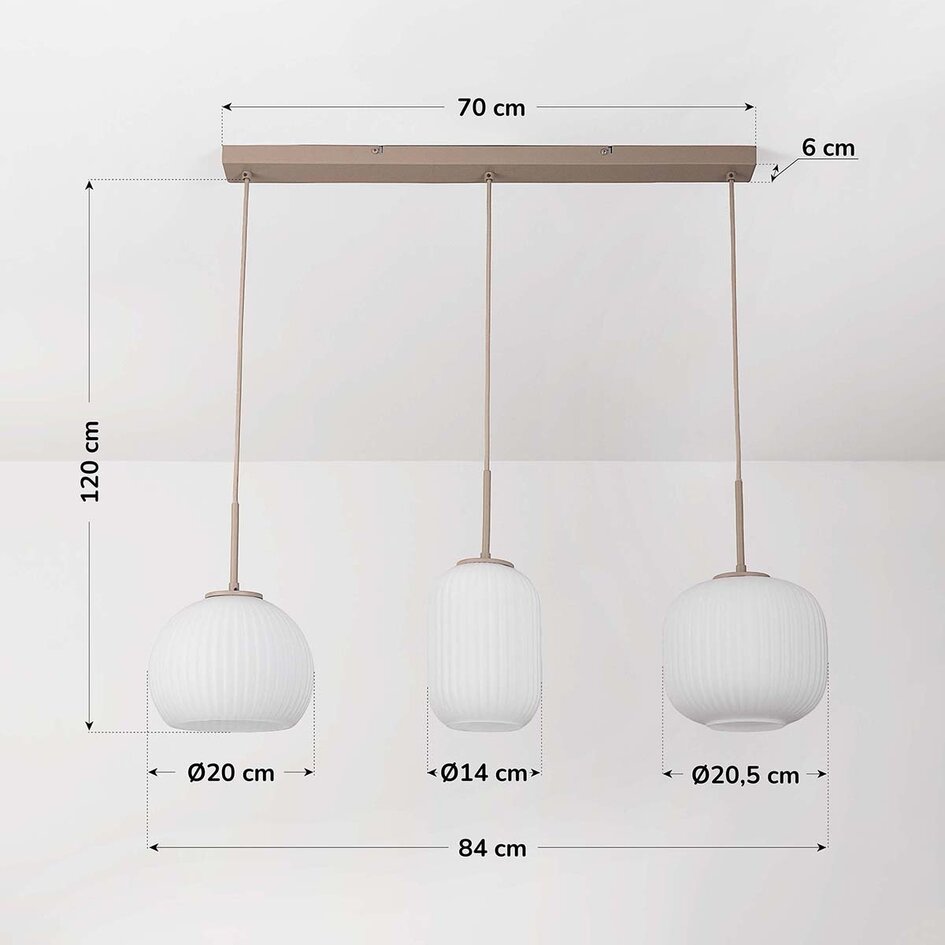 3-lichts hanglamp Meliora - beige met geribbeld melkwit glas