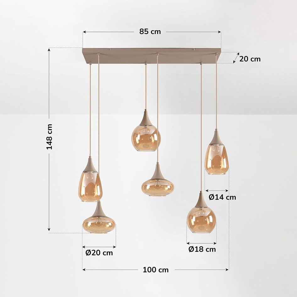6-lichts hanglamp Loic met amber glas - zandbeige