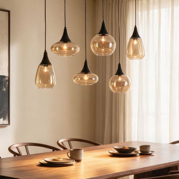 Suspension Loic 6 lumières - noir et verre ambré