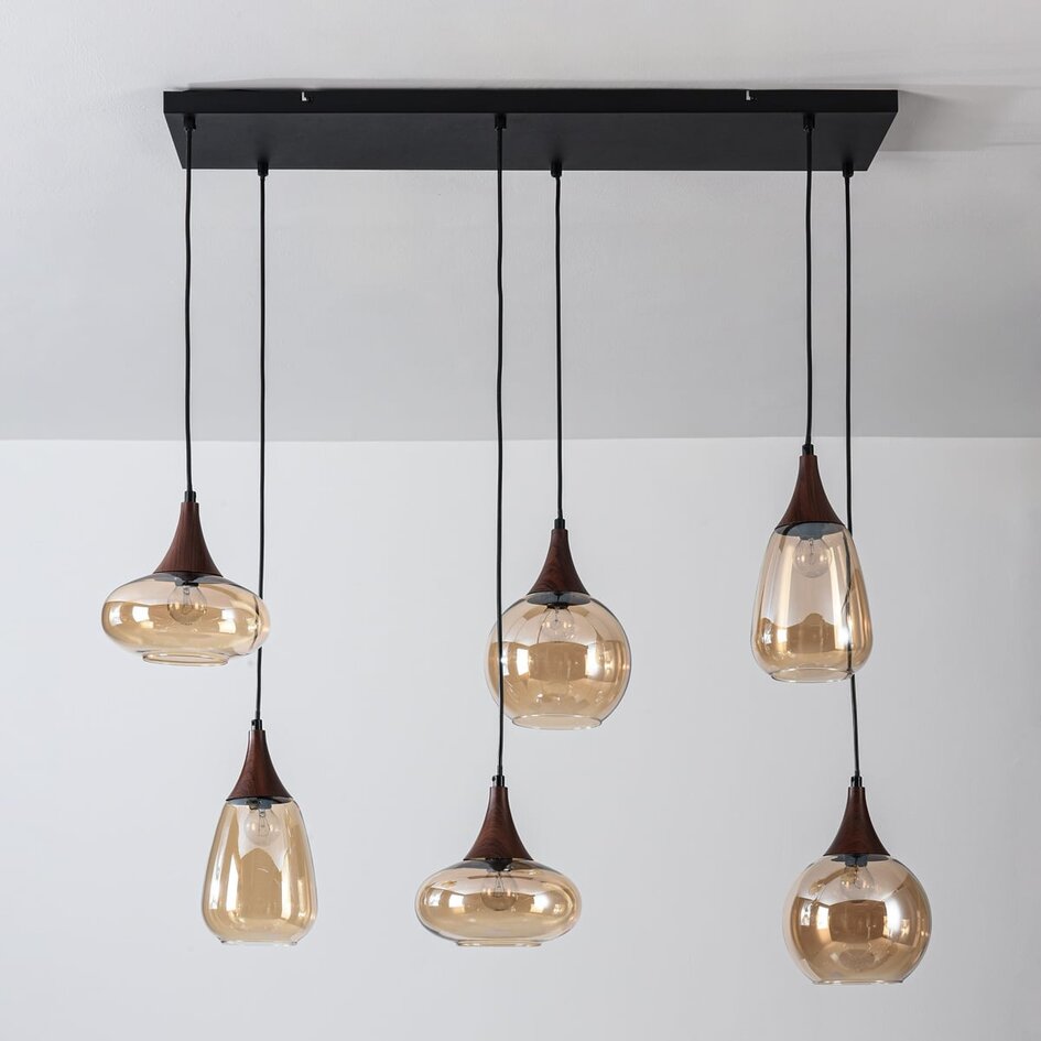 Hanglamp met amber glas en donkere houtoptiek, 6-lichts - Loic