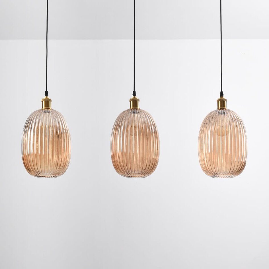 Hanglamp Erin van geribbeld amber glas, 3-lichts