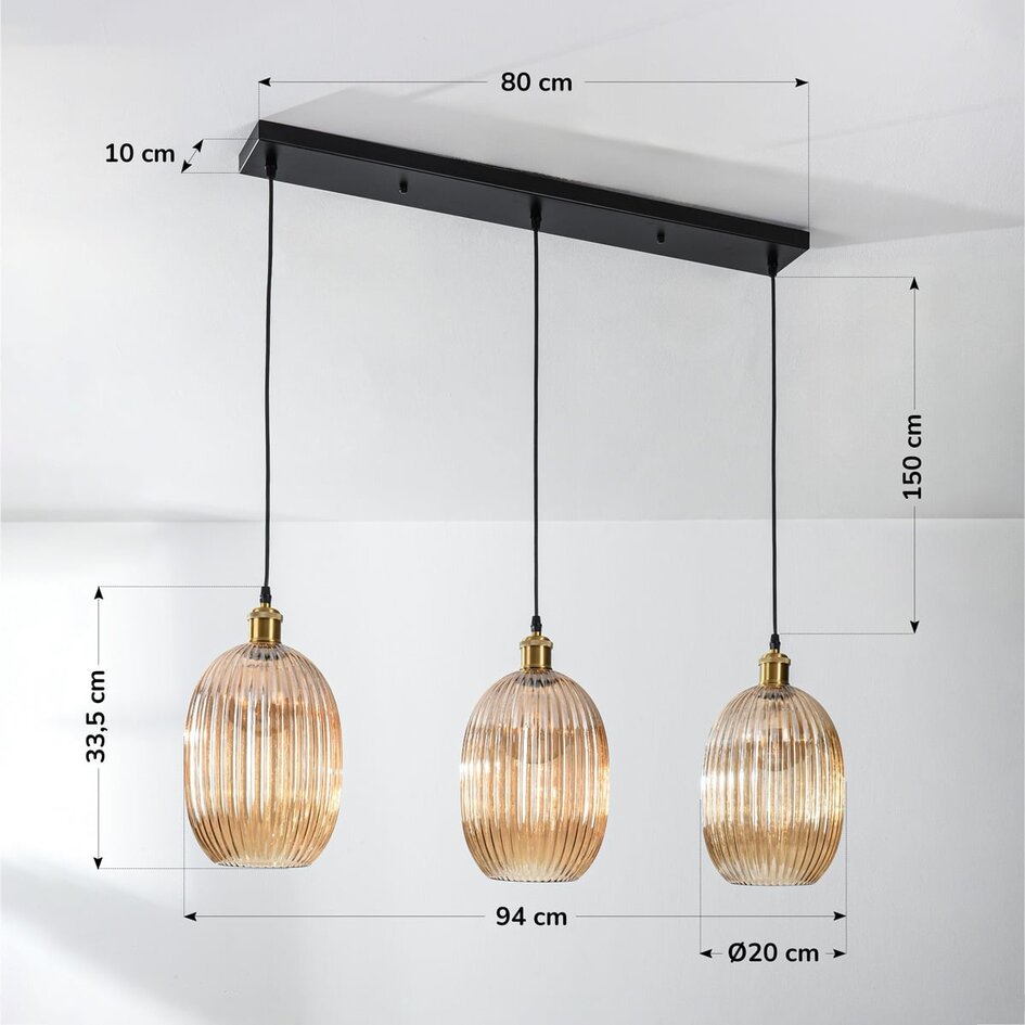Hanglamp Erin van geribbeld amber glas, 3-lichts