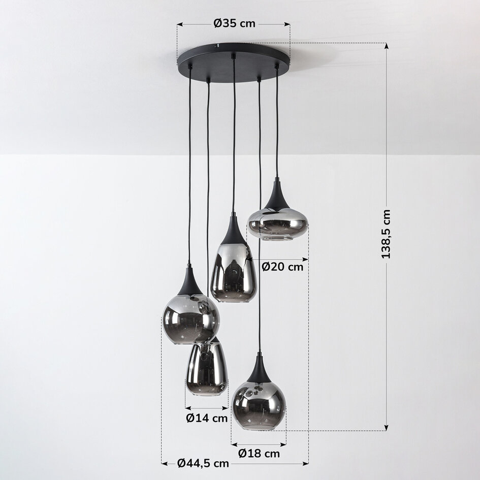 Zwarte hanglamp Loua met rookglas, 5-lichts