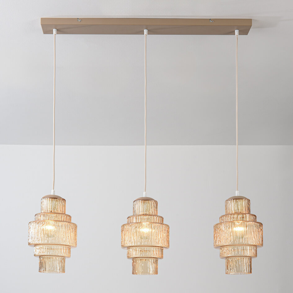 Hanglamp Odinda met 3 geribbelde amber glazen kappen - beige