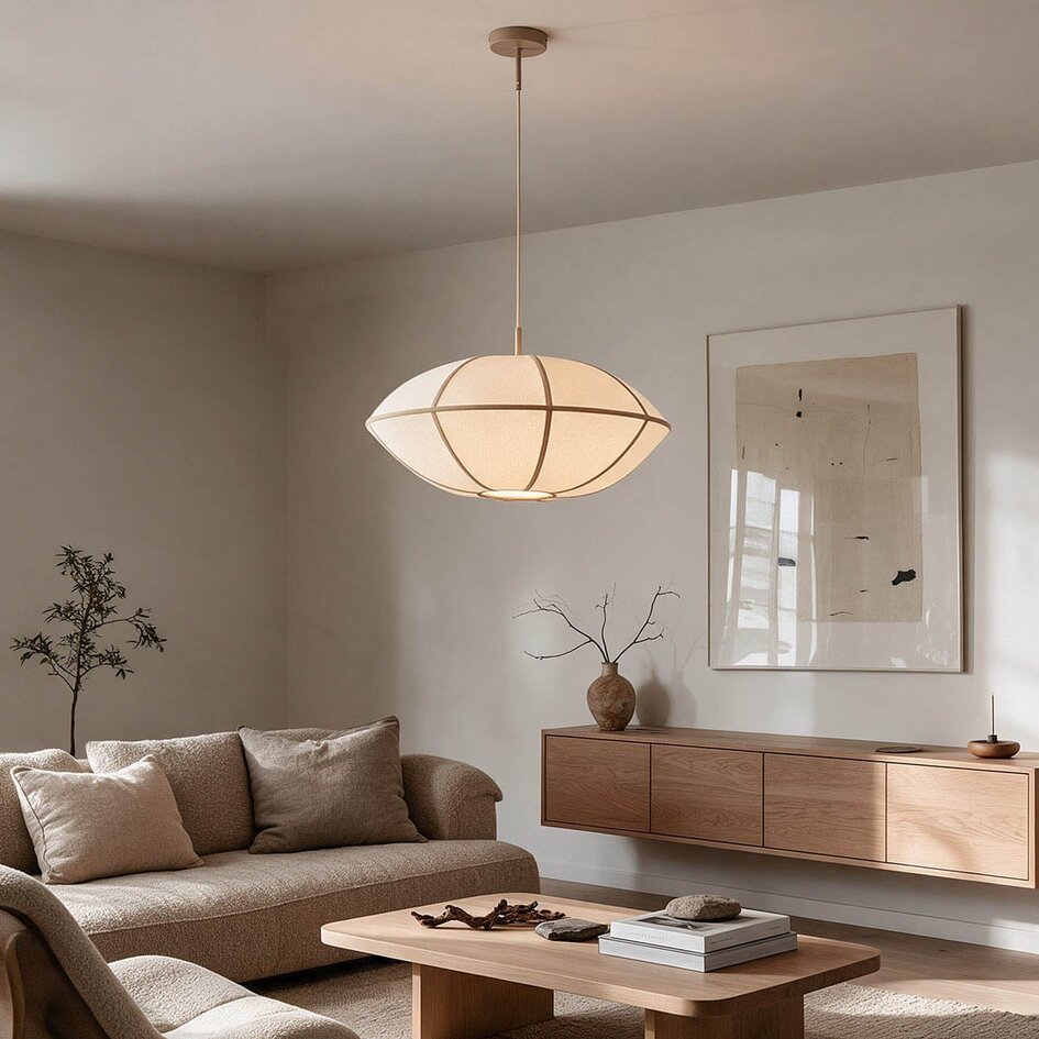 Hanglamp Ovala Ø60 cm - beige linnen kap met bruine accenten