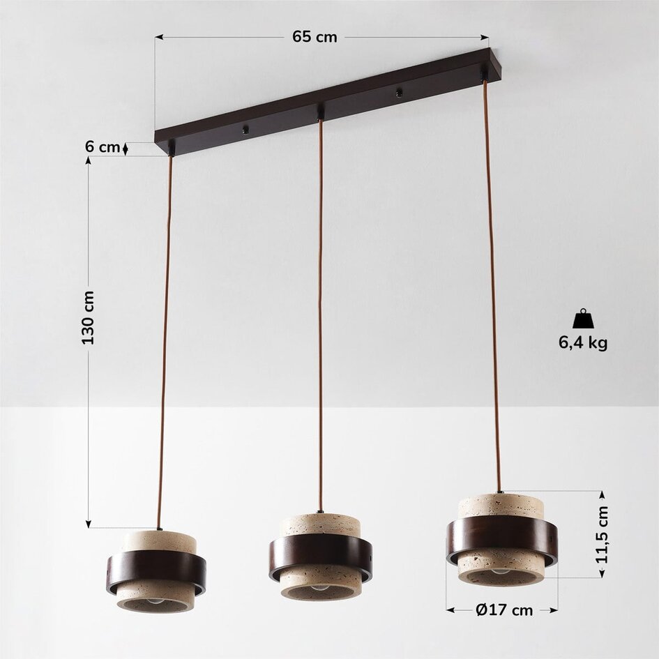 Natuurlijke 3-lichts hanglamp Travé van travertin (natuursteen) en hout