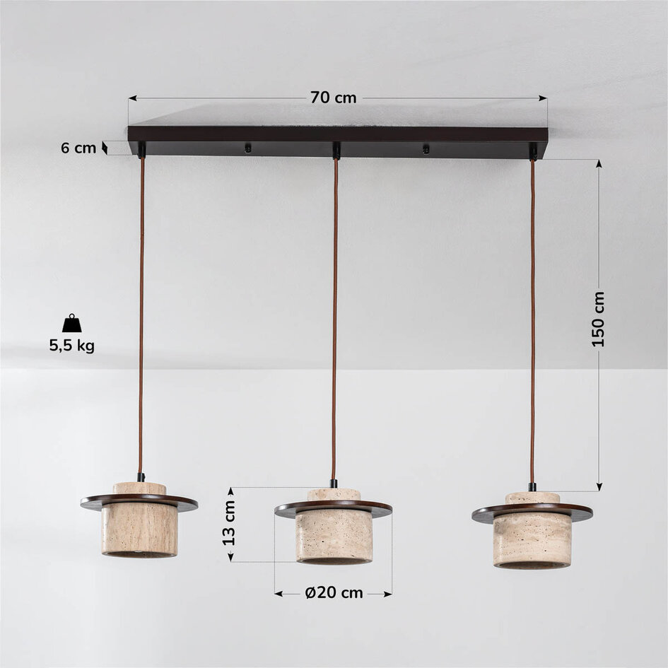 3-lichts Japandi hanglamp Travano - travertin (natuursteen) en hout