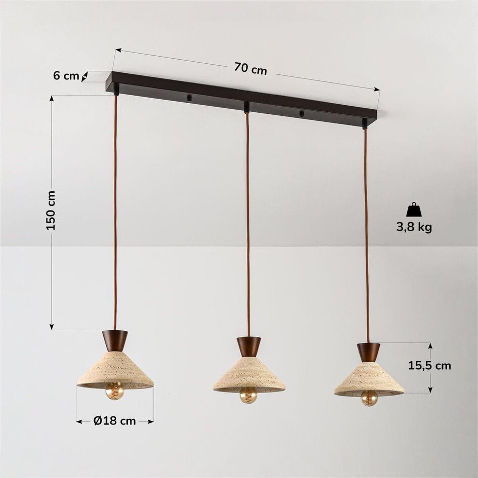 3-lichts Japandi hanglamp Mara - travertin (natuursteen) en hout