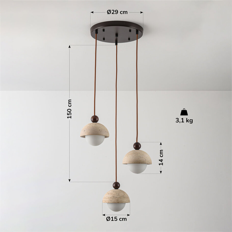 Suspension Vara à 3 lumières - travertin (pierre naturelle) et verre laiteux, ronde