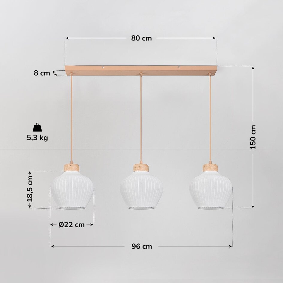Suspension Carru 3 lumières à abat-jour en tissu et travertin (pierre naturelle)