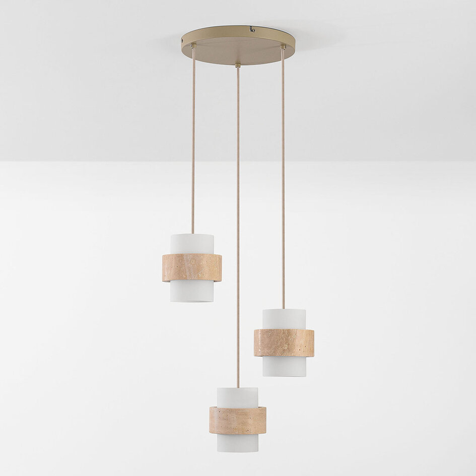 Hanglamp Sani met 3 kappen van travertin en melkwit glas - beige
