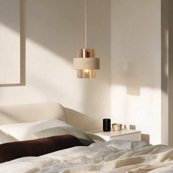 Hanglamp Yuki met travertin en amber glas - beige