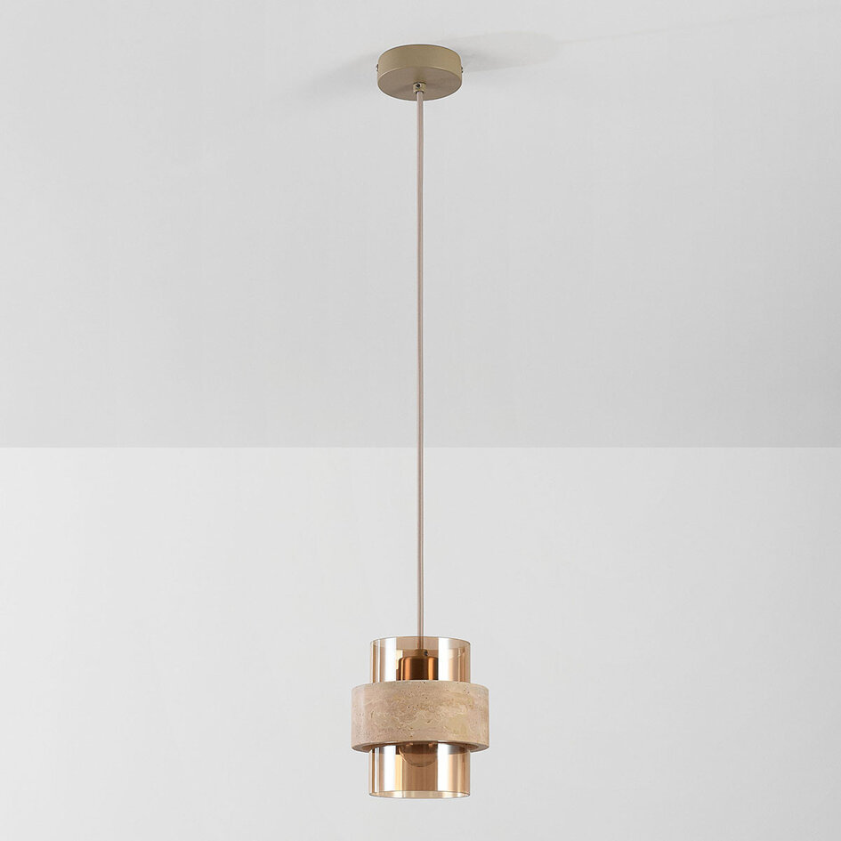 Hanglamp Yuki met travertin en amber glas - beige