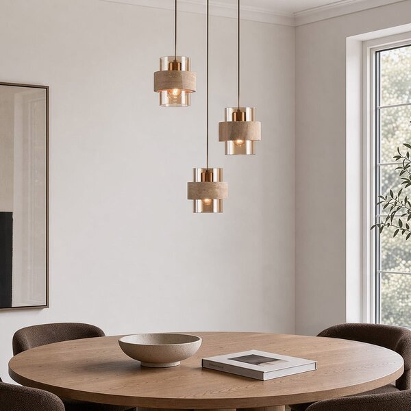Hanglamp Sani met 3 kappen van travertin en amber glas - beige