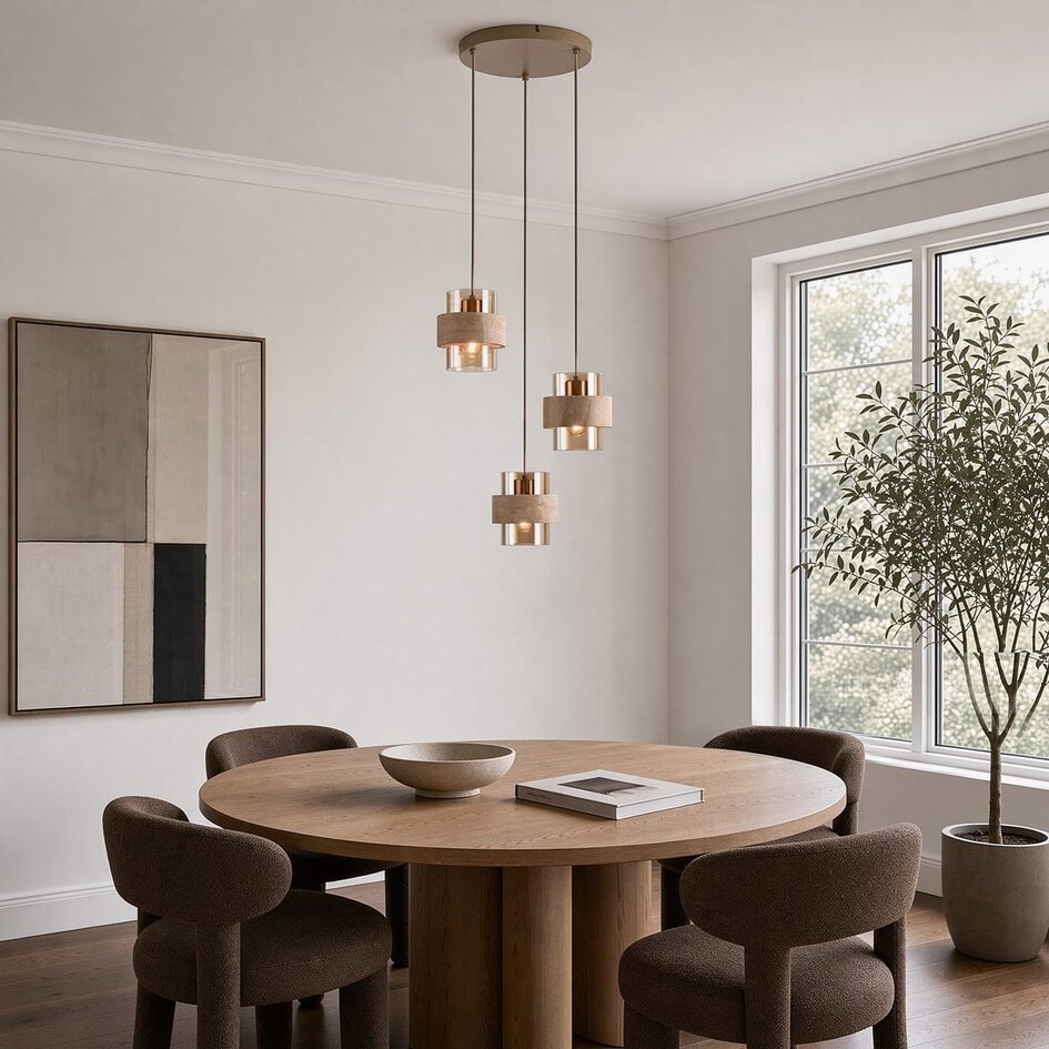 Hanglamp Sani met 3 kappen van travertin en amber glas - beige